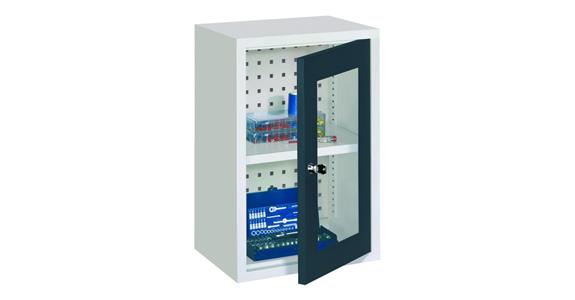 Hang. cab. back pan. prftd door w/ view. window W400mm RAL7035/7016 anthr. grey