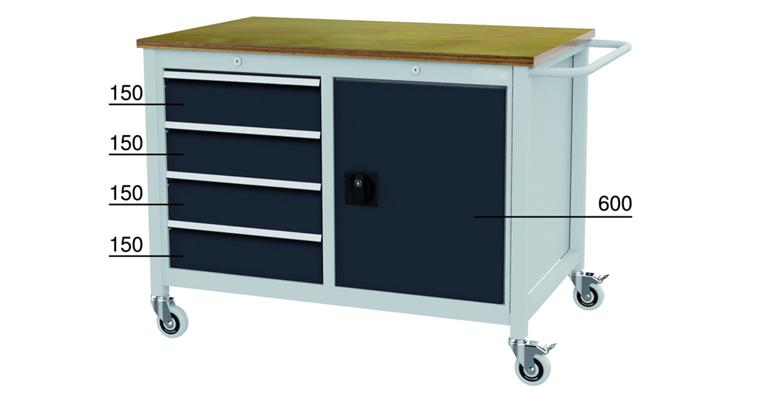 1081784301 Pracovní stůl pojízdný 1 dveře 4 zásuvky VxŠxH 935×1250×750 mm RAL 7035/7016