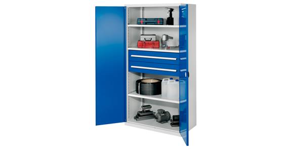 Hvy-dty cabinet H1950xW1000xD600mm 3shelves+2drawers sld sh.met. doors 7035/5010