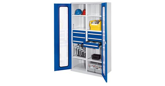 Hvy-dty cabinet H1950xW1000xD600mm 6shelves+6drawers viewing window 7035/5010