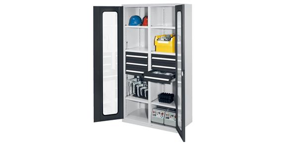 Hvy-dty cabinet H1950xW1000xD600mm 6shelves+6drawers viewing window 7035/7016