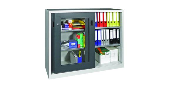 Skříň s posuvnými dveřmi s průhledem V 1200 x Š 1500 x H 500 mm RAL 7035/7016