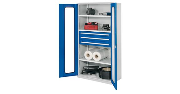 Heavy duty cabinet H1950xW1000xD600mm 3shelves+3drawers viewing window 7035/5010