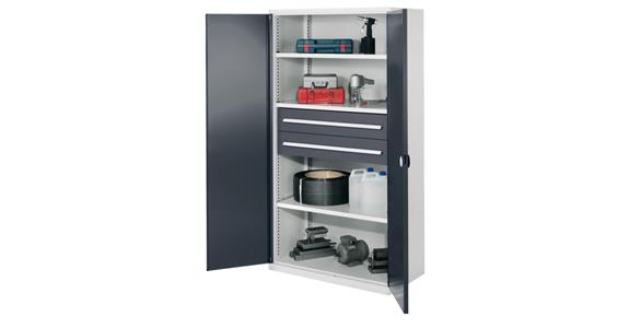 Hvy-dty cabinet H1950xW1000xD600mm 3shelves+2drawers sld sh.met. doors 7035/7016