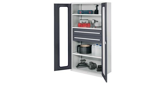 Heavy duty cabinet H1950xW1000xD600mm 3shelves+2drawers viewing window 7035/7016