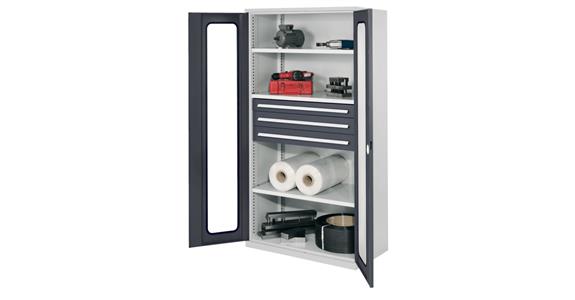 Heavy duty cabinet H1950xW1000xD600mm 3shelves+3drawers viewing window 7035/7016