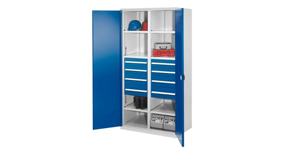 Hvy-dty cab. H1950xW1000xD600mm 6shelves+8drawers sld sh.met.doors 7035/5010
