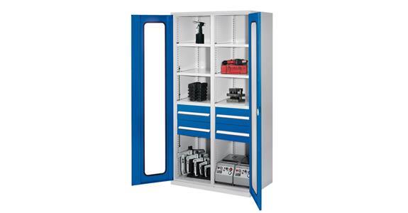 Hvy-dty cabinet H1950xW1000xD600mm 6shelves+4drawers viewing window 7035/5010