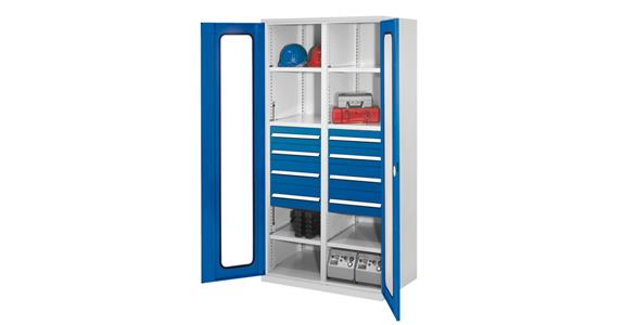 Hvy-dty cabinet H1950xW1000xD600mm 6shelves+8drawers viewing window 7035/5010