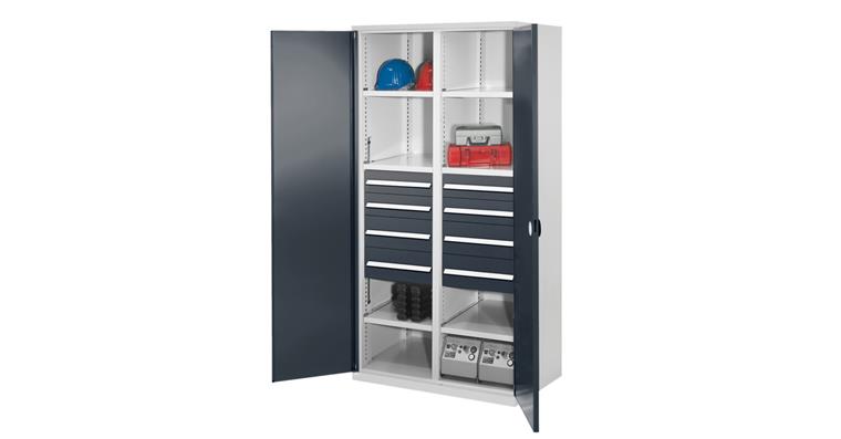 1085165304 Těžká skříň V1950×Š1000×H600mm 6 polic+8 zásuvek, pl.dveře, 7035/7016