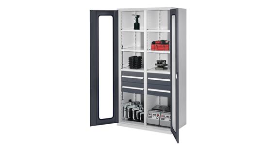Hvy-dty cabinet H1950xW1000xD600mm 6shelves+4drawers viewing window 7035/7016