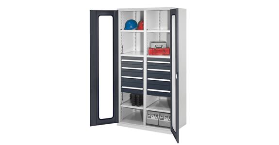 Hvy-dty cabinet H1950xW1000xD600mm 6shelves+8drawers viewing window 7035/7016