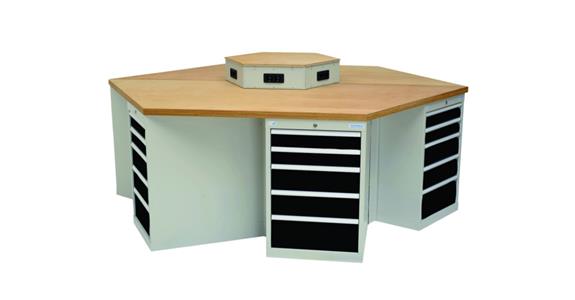 Hexagonal workbench W2,500 x D2,165 x H859 mm RAL7035/7016