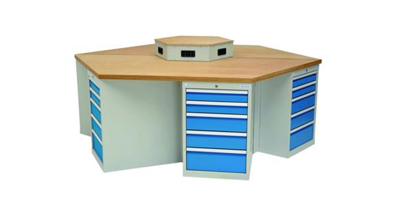 Hexagonal workbench W2,500 x D2,165 x H859 mm RAL7035/5012
