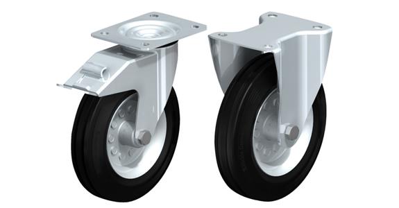 2 swivel and fixed castors solid rubber dia.200x50mm, 1 sw. cast. w/ lock device