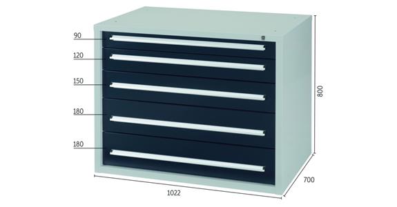 Drawer cabinet H800 x W1,022 x D700 mm 5 drawers RAL7035/7016
