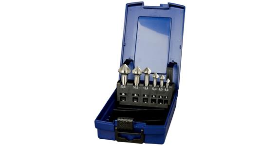 Zahl. + sada odhrotovacích nástrojů, 6 ks, 90° HSS ø 6,3–20,5 mm v pl. ABS boxu