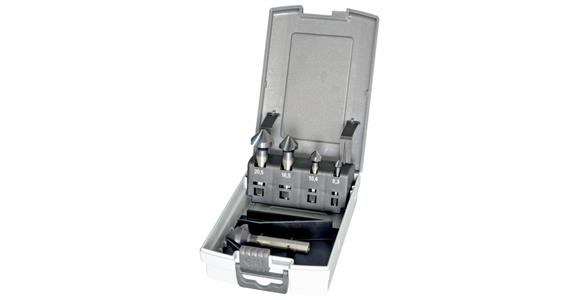 Prec. cntrsink drill set 5 pcs dia. 6.3/10.4/16.5/20.5/25.0 mm w/ 3 clamp surf.
