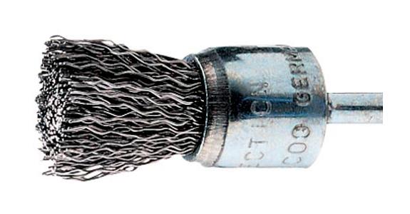 Wire end brush with shank dia. 15.0mm, steel wire dia. 0.35mm, wire eff. L=22mm