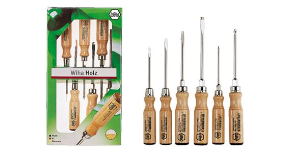 Screwdriver set wooden handle 6 pieces round blade slotted 3.5-7.0mm/cross PH1+2