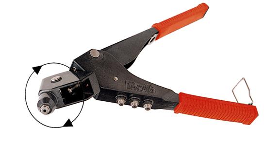 Blind rivet tool with 4 nozzles 2.4, 3.2, 4.0 and 4.8 mm head rot. thr. 360 deg.
