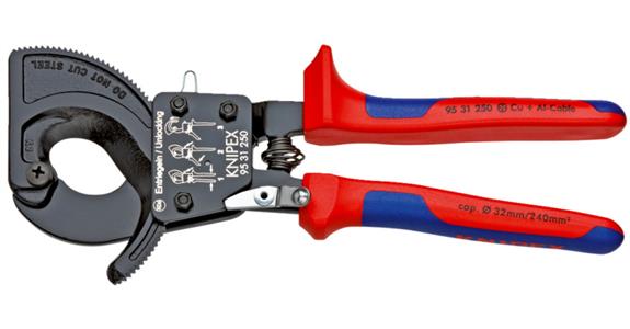 Štípací kleště na kabely KNIPEX, 250 mm, ráčnové, s dvoudílnou rukojetí