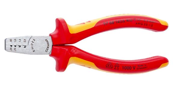 Krimpovací nástroj pro koncové dutinky VDE KNIPEX 145 mm, s dvoudílnou rukojetí