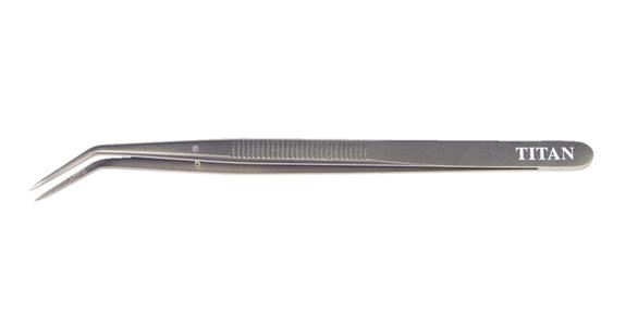 Titanium universal tweezers pointed, bent, fine version, with pin length 155 mm