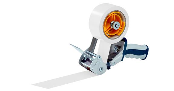 Hand-held dispenser for 50 mm tape with adjustable roller brake and soft handle