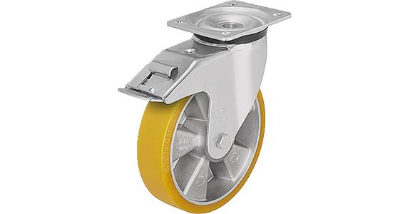 Sheet steel swivel castor w/ screw-on plate and locking device PU dia. 100 mm