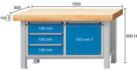 Heavy-duty workbench 1500x800x900mm model 106VS beech solid plate RAL 7035/5012