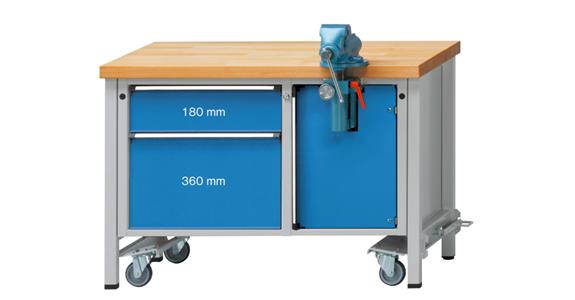 Assembly workbench, mobile, series V 1270x700x50mm 3 drawers, vice, fold. mech.