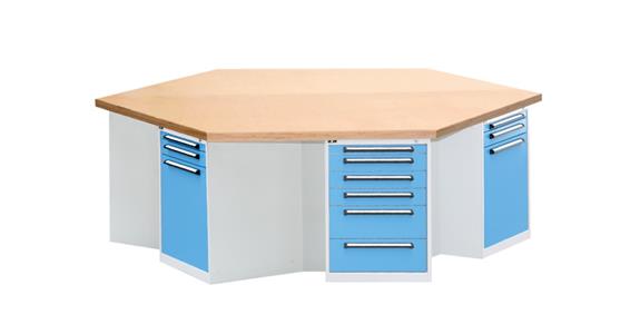 Hexagonal workbench beech multiplex 50mm 6 drawers RAL 5012