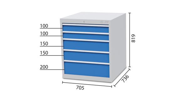 Drawer cabinet 5 drawers 7035/5012 2x100, 2x150, 1x200mm 705x736x819mm