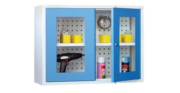 Hang. cab. back pan. prftd doors w/ view. window W800mm RAL7035/5012 light blue