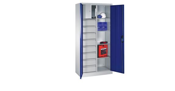 Hinged door tool cabinet 1950x930x500mm, 4 shlves, 1 val. cmp., 8 drwrs RAL5012