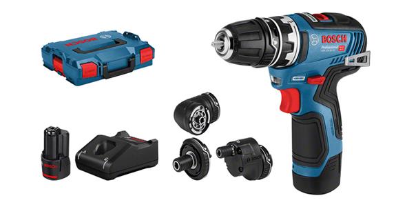 BOSCH cordless drll/drvr GSR 12V-35 FC 2x batt 12 V/3 Ah chrgr+attch set 4 pcs