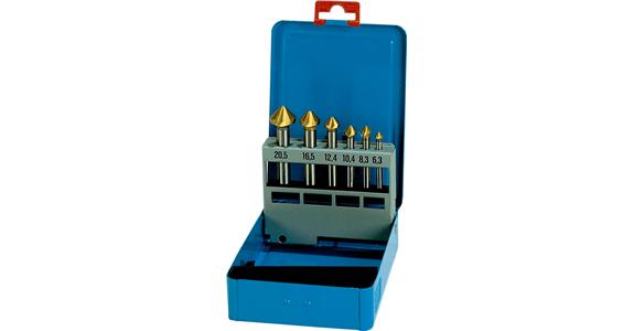 Zahl. + sada odhrotovacích nástrojů, 6 ks, 90° HSS/TiN 6,3–20,5 mm v pl. boxu