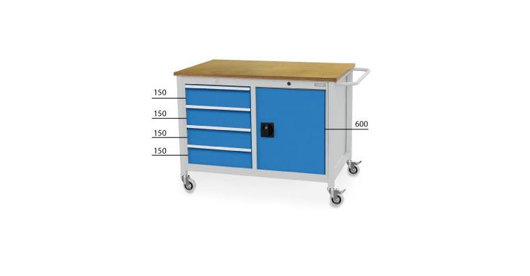 1081784201 Pracovní stůl pojízdný 1 dveře 4 zásuvky VxŠxH 935×1250×750 mm RAL 7035/5010