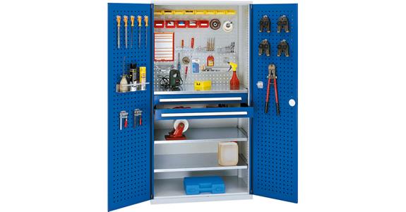 Cabinet with slotted panel door, mod. 1, 7035/5012, 3 shelf, 2 drawers