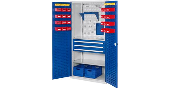 Cabinet with slotted panel door, mod. 5, 7035, 2 shelf, 3 drawers