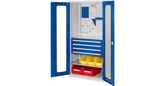 Cabinet with slotted panel door, mod. 4, 7035, 2 shelf, 4 drawers
