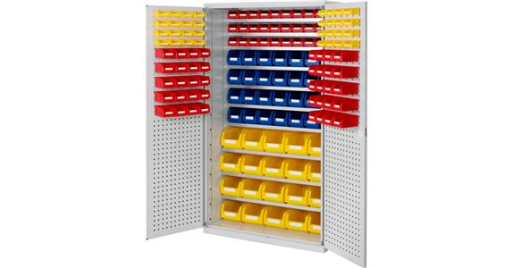 Large cabinet 1950x1130x590mm RAL 7035/5012 150 easy-view storage bins 10 shlvs.