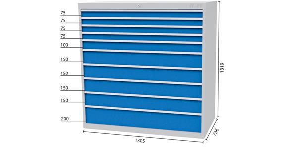 Tool cabinet 1305x736x1319mm 10 drawers 4x75 1x100 4x150 1x200 mm 7035/5010