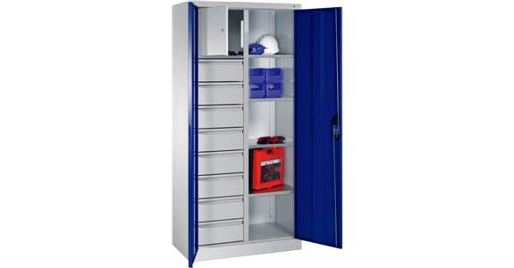 Hinged door tool cabinet 1950X930X500mm, 4 shlves, 1 val. cmp., 8 drwrs RAL5010