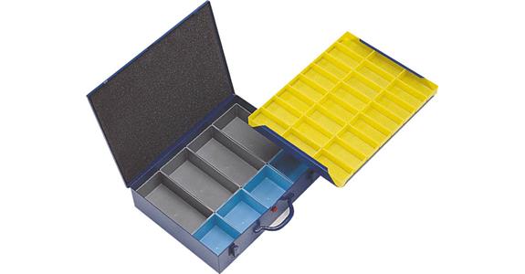 Small parts assortment case sheet steel blue 440x330x100 mm with 32 boxes