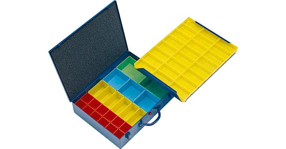 Small parts assortment case sheet steel blue 440x330x100 mm with 47 boxes