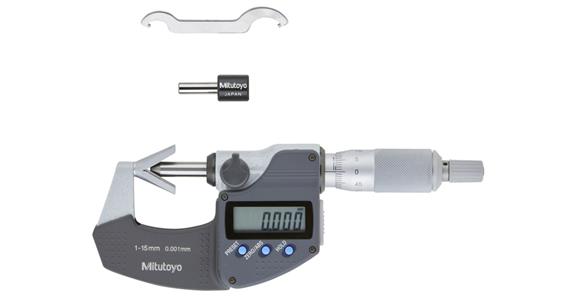 Dig. micrometer 10-25 mm, f. test speciments in 3 pieces, data output