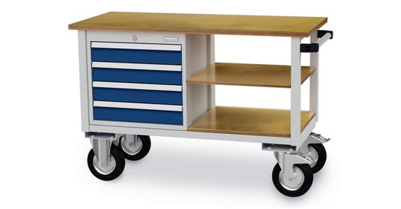 Mobile Werkbank B1200xT540xH820mm RAL7035/5010 4x Schublade, 2x Fachboden