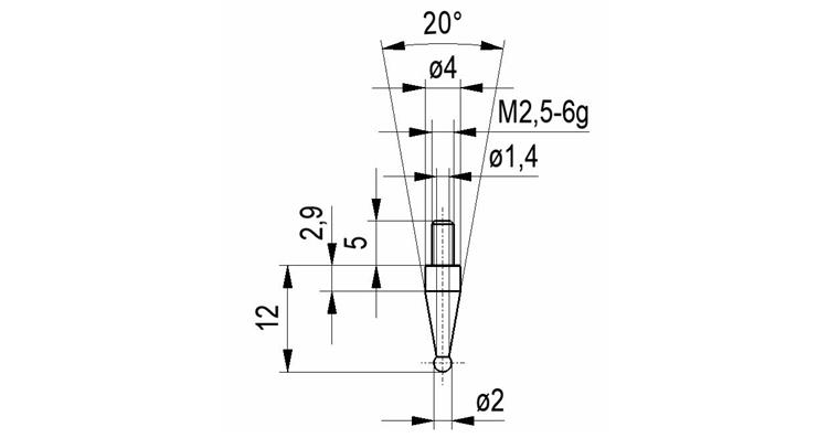 1033114108 Kulový hrot č.8A pro úchylkoměry závit M2,5 prům. 2,0 mm